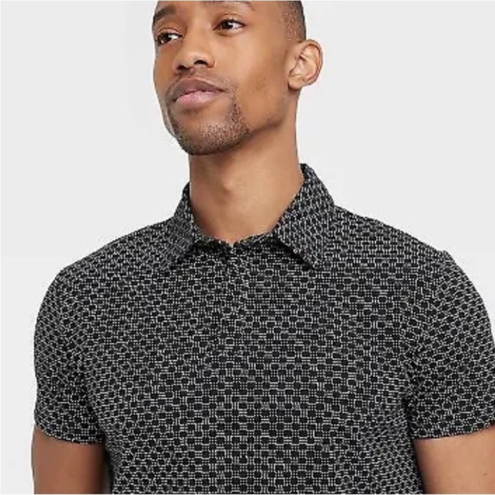 Men’s All in Motion Short Sleeve Polo Shirt Size Medium Black White Print